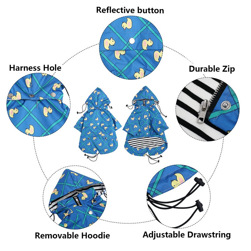 Morezi Dog Zip Up Raincoat with Reflective Buttons, Rain/Water Resistant, Adjustable Drawstring, Removable Hood, Raincoats with Legs 8lbs to 80lbs Available - Grid Blue - XL - Image 3